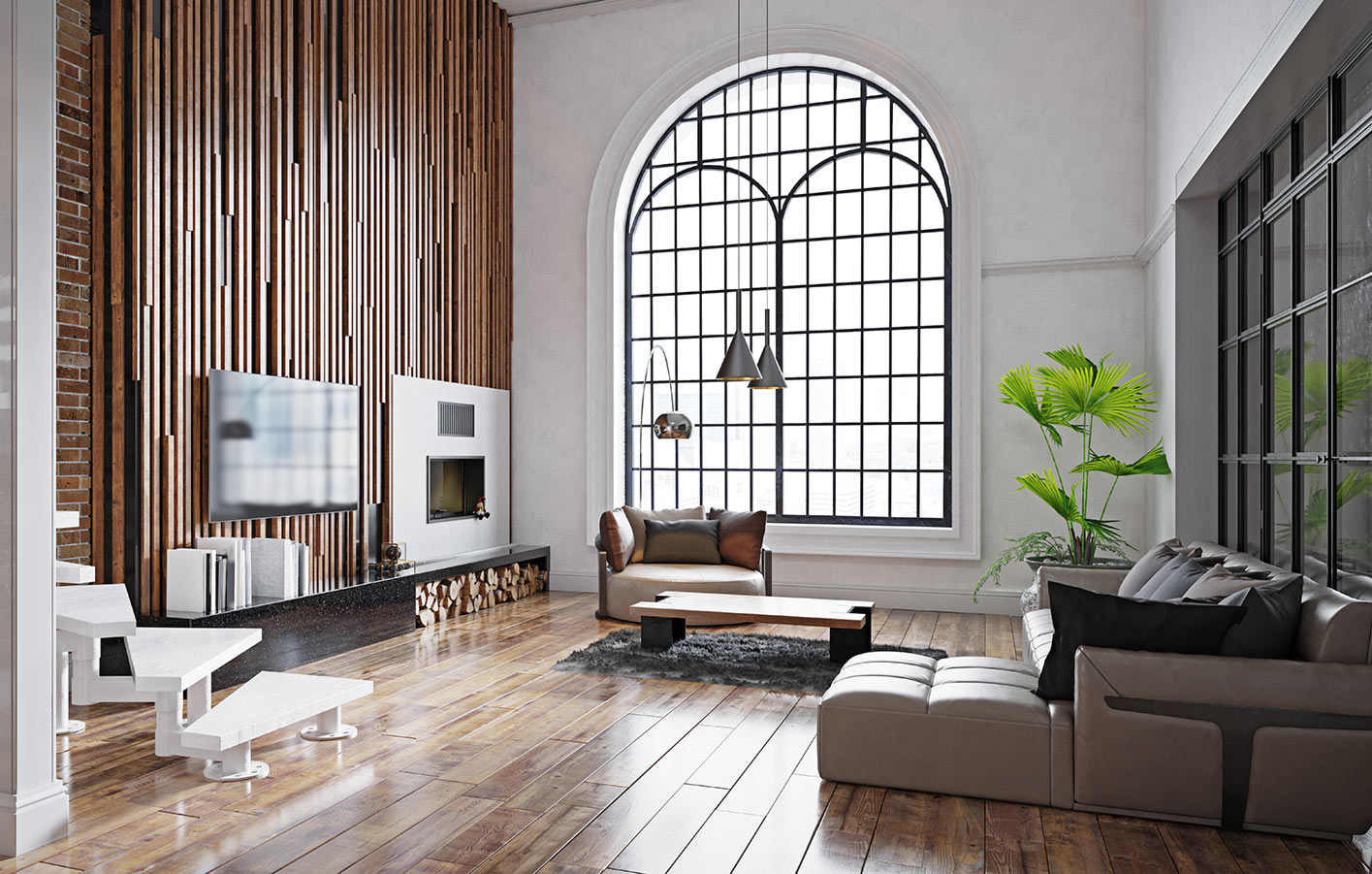 Modernes Wohnzimmer mit Wandgestaltung aus Holz